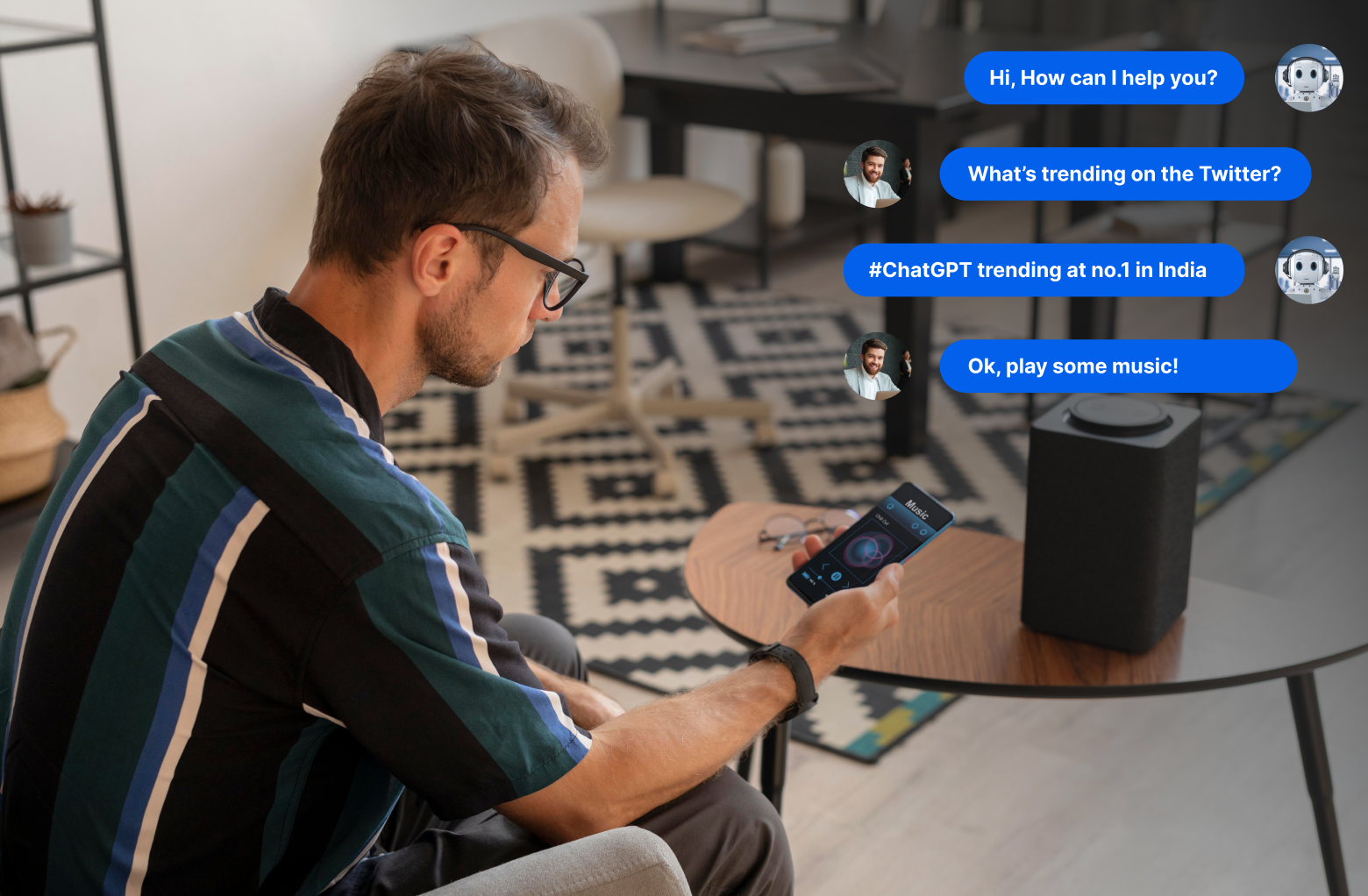 In this image, two men can be seen conversing with a personal assistant. Discover how speech recognition technology is used in personal assistant applications to provide users with a seamless experience